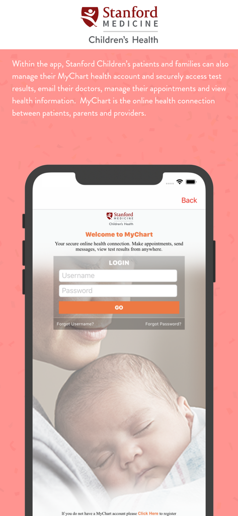 Stanford Children's - Mobile login screen for the MyChart patient portal within the Stanford Children's Health app.