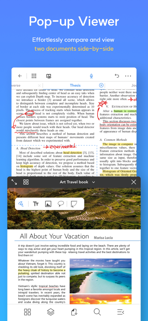 Flexcil app showing the pop up viewer feature with two documents side by side on a mobile screen