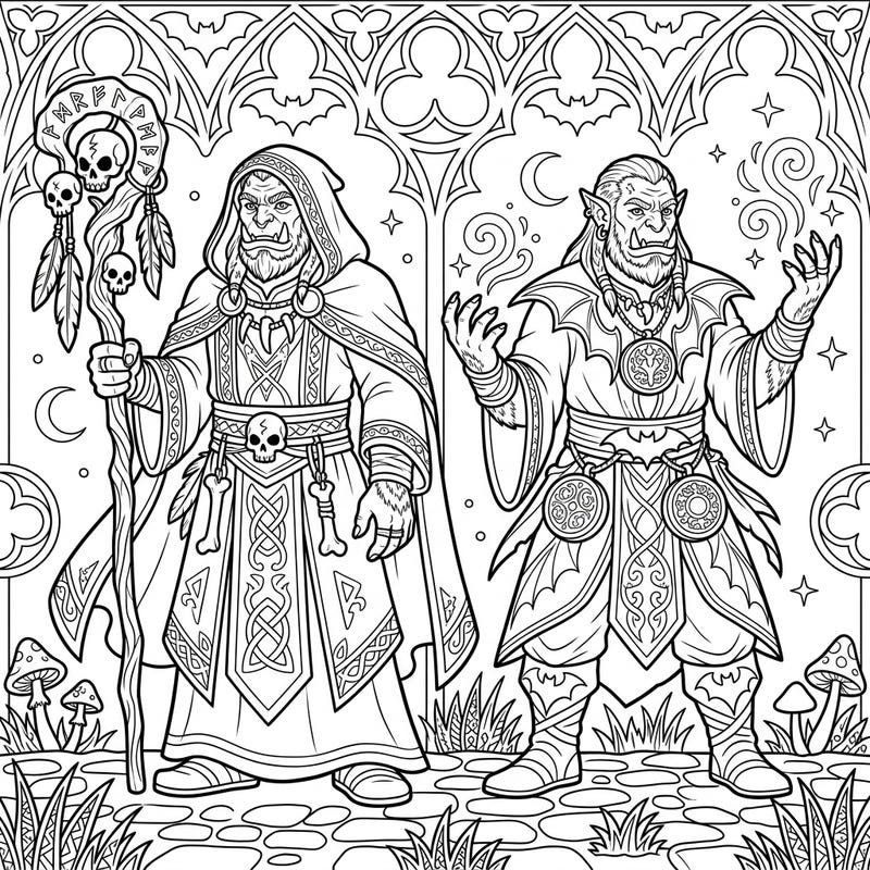 Journey into a fantastical realm with our Gothic Orc Shamans coloring page, designed especially for young adventurers. These mystical figures, adorned in ornate robes, offer a captivating challenge for aspiring artists.