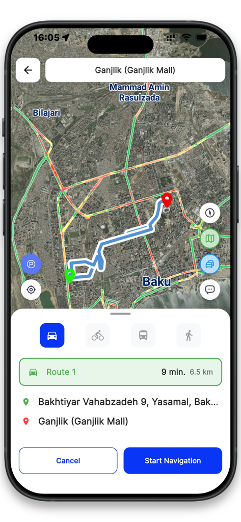 AzNav: Your Personal Navigator - Interface de l'application AzNav affichant une carte satellite de Bakou avec un itinéraire de conduite calculé