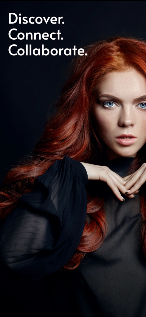 Pro Photo Shoot - Pro Photo Shoot app screen with a red-haired model and slogans Discover, Connect, Collaborate.