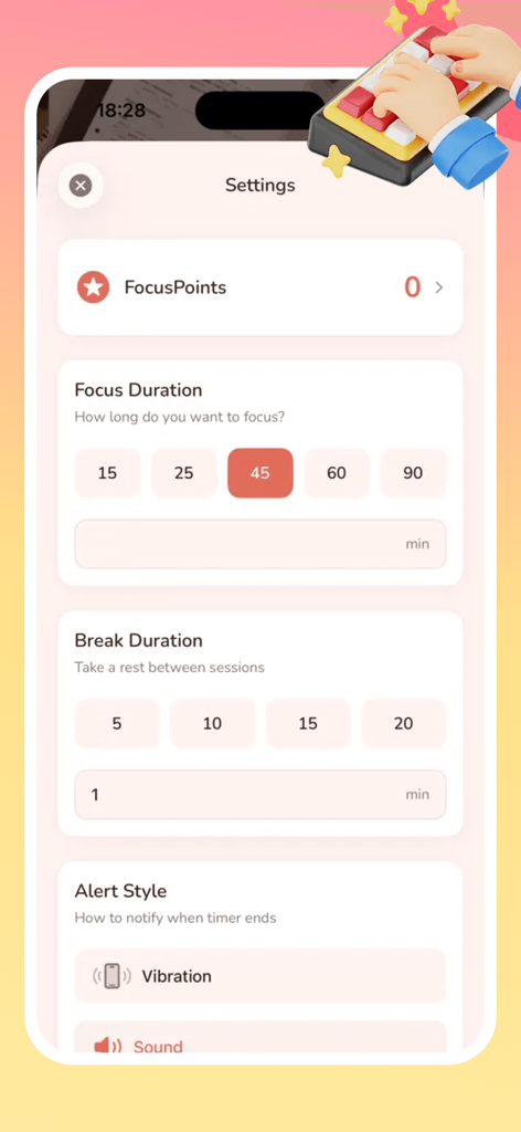 Pomie - Tela de configurações do aplicativo Pomie para configurar intervalos de foco e pausa