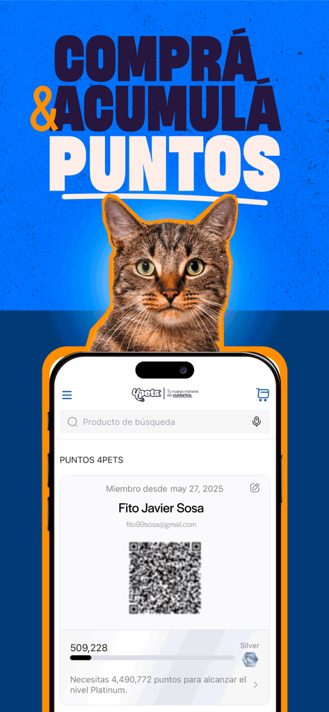 Pantalla de la aplicación móvil 4Pets que muestra el saldo de puntos de membresía y el código QR de fidelidad