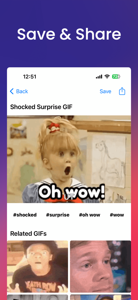 Interface of the GIFFF app highlighting the ability to save and share reaction GIFs.