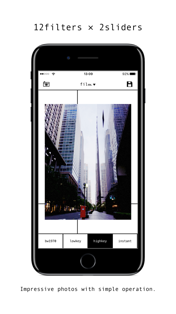film12 - Smartphone screen displaying the film12 photo editing app with an urban building photo and retro filter selection menu