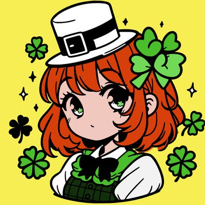 a manga-style girl with clovers around her, a little hat in her hair, like it's saint patrick's day