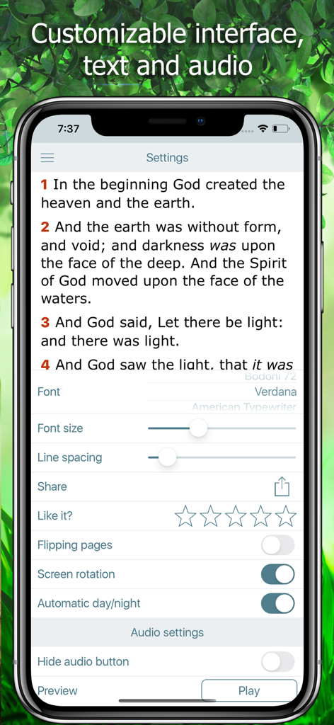 KJV Bible with Apocrypha. KJVA - Einstellungsmenü der KJV Bibel App mit Optionen für Schriftgröße, Zeilenabstand und Audio