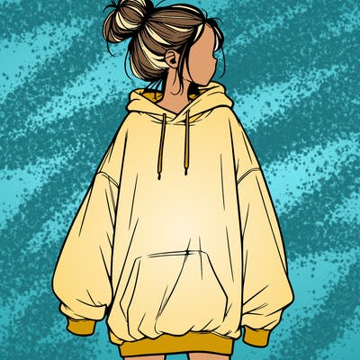 realistic girl with a oversized sweatshirt on and a bun