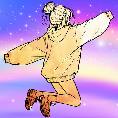realistic girl jumping with a bun and oversized sweatshirt
