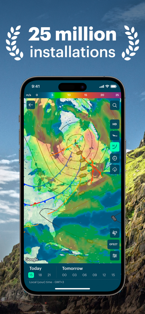 Windy.app — Wind, Tides, Radar - Interfaz móvil de Windy.app mostrando un mapa técnico de pronóstico de viento y presión con un hito de 25 millones de instalaciones