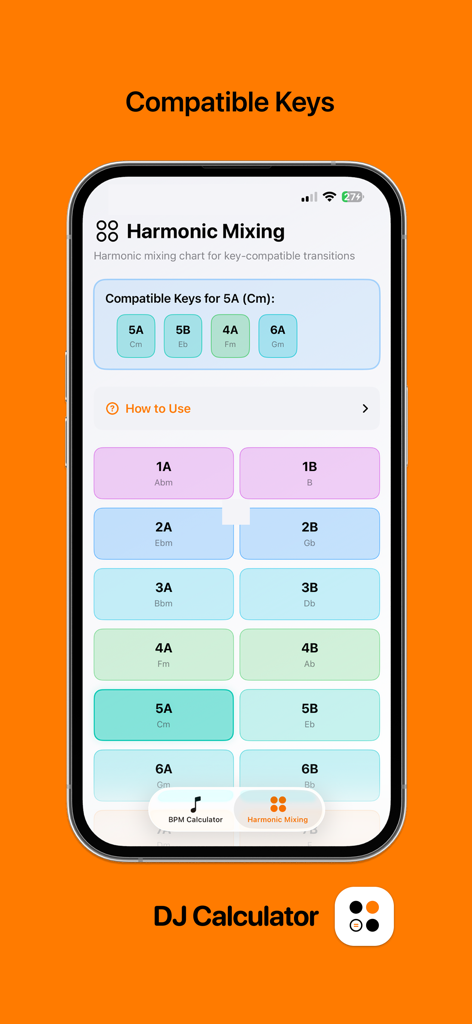 DJ Calculator - DJ Calculator app showing the harmonic mixing chart with compatible keys for professional transitions