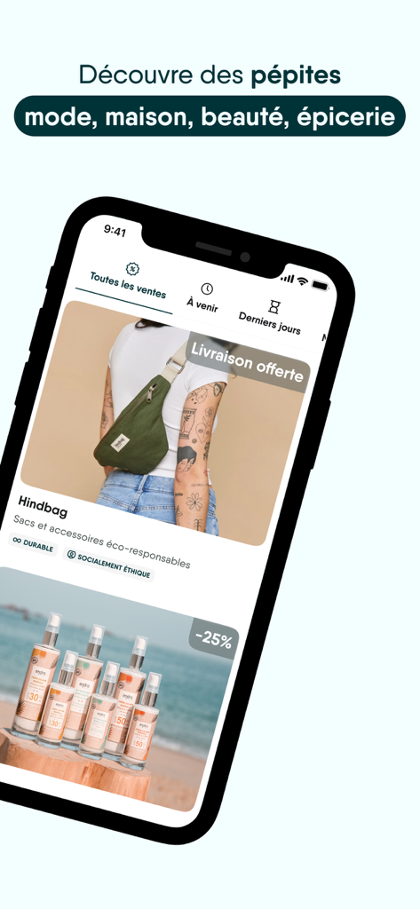 Toasty: shopping responsable - Toasty mobile app interface showing eco-responsible fashion and beauty flash sales