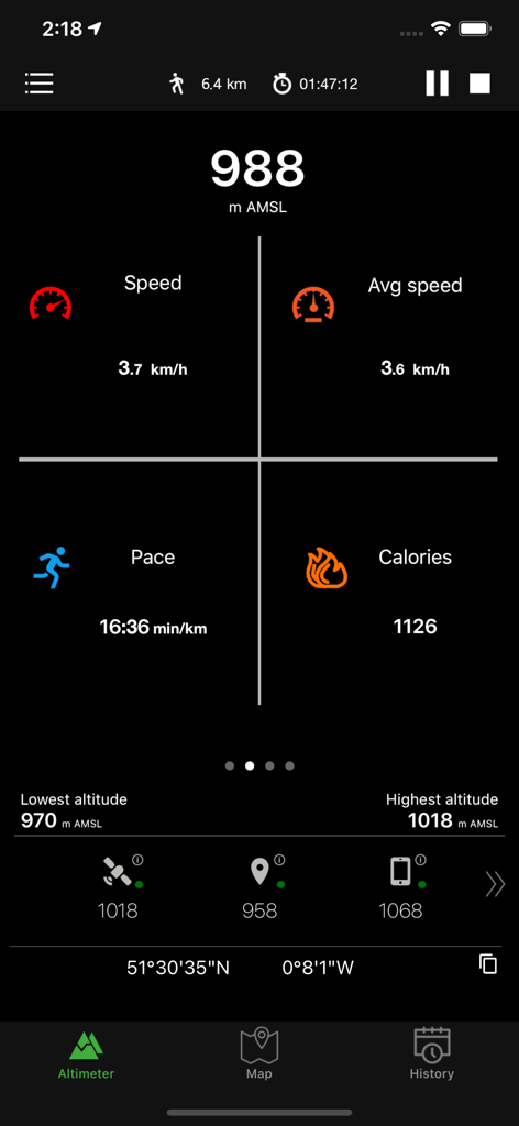 GPS Altimeter - Altitude & Map - Real-time altitude and activity statistics on the GPS Altimeter app interface.