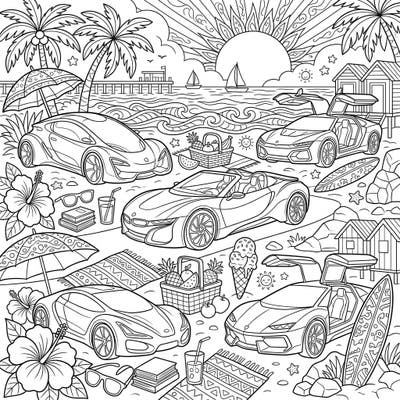 Imagine sleek, innovative concept cars enjoying the ultimate summer getaway in this exciting coloring page. It's a high-energy beach scene packed with tropical vibes and futuristic automotive design.