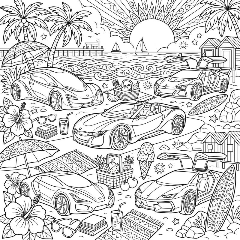 Imagine sleek, innovative concept cars enjoying the ultimate summer getaway in this exciting coloring page. It's a high-energy beach scene packed with tropical vibes and futuristic automotive design.