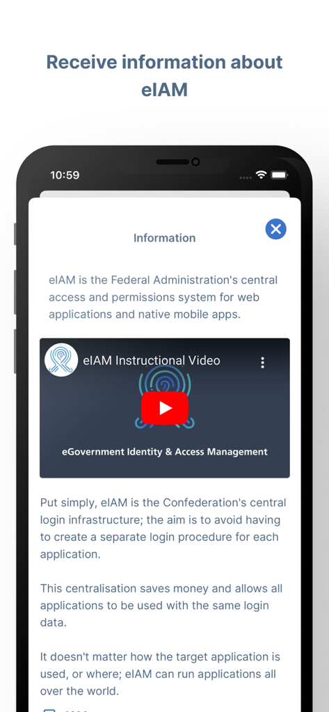 eIAM Developer - eIAM Developer app information screen showing an instructional video and description of the Swiss federal login system