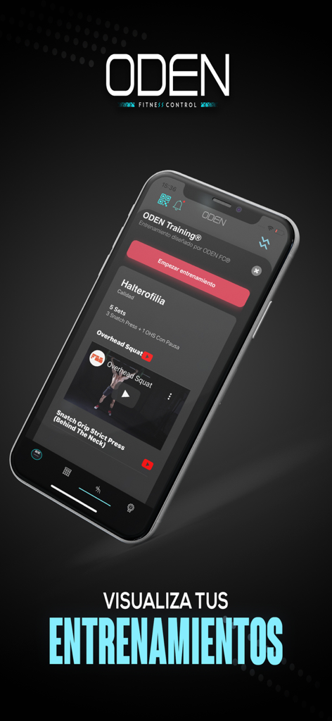ODEN - ODEN app interface showing a training session with weightlifting exercises and video tutorials.