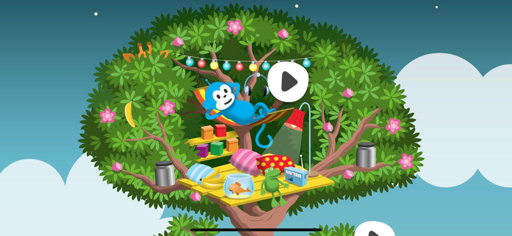 Radioapans kojträd - A blue monkey named Radioapan relaxing in a hammock inside a colorful treehouse with toys and lights.