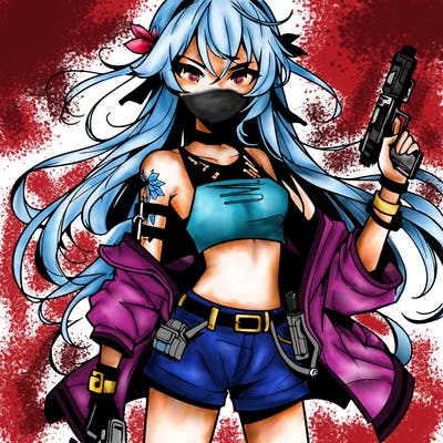 bad girl wearing crop top holding a gun long hair anime