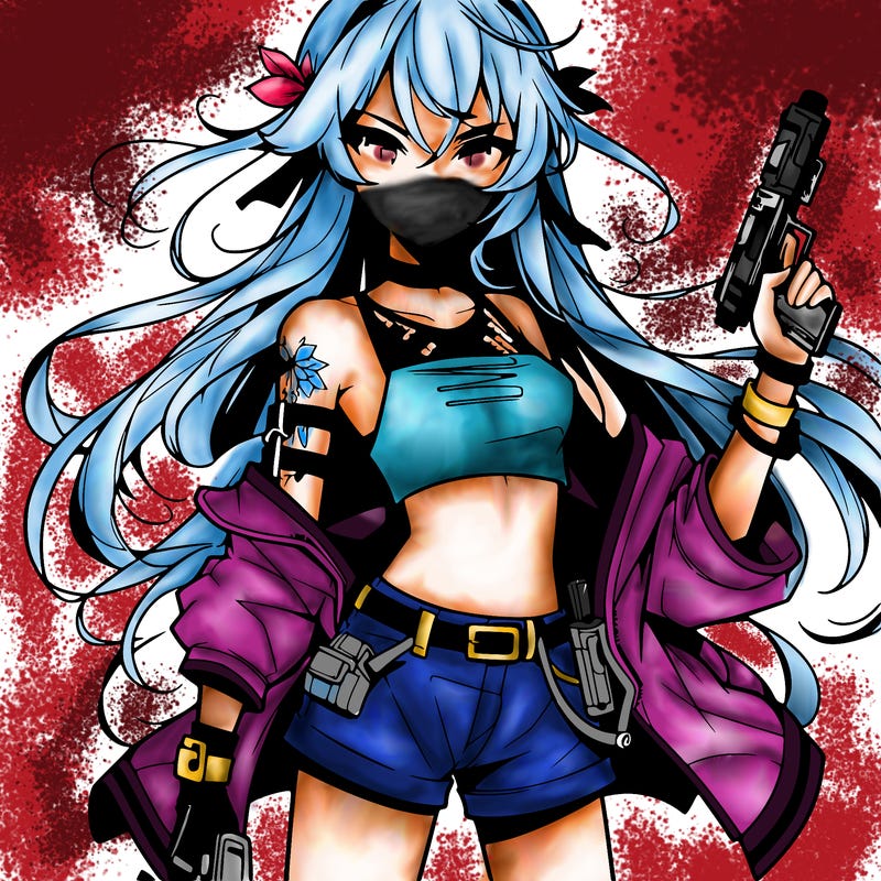 bad girl wearing crop top holding a gun long hair anime