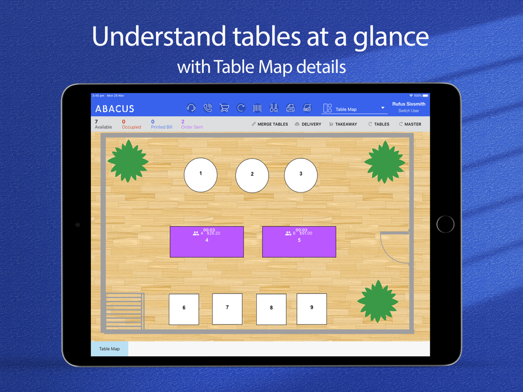 Abacus Point of Sale iPad app showing a visual restaurant table map and floor layout