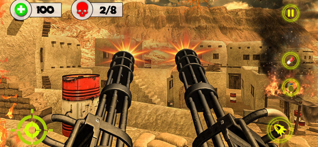 First person view of dual miniguns firing in a 3D desert town battlefield