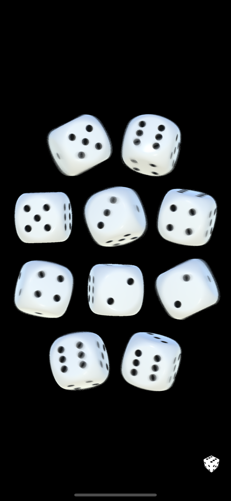 Dice Dice - Zehn weiße 3D sechsseitige Würfel, angezeigt auf schwarzem Hintergrund