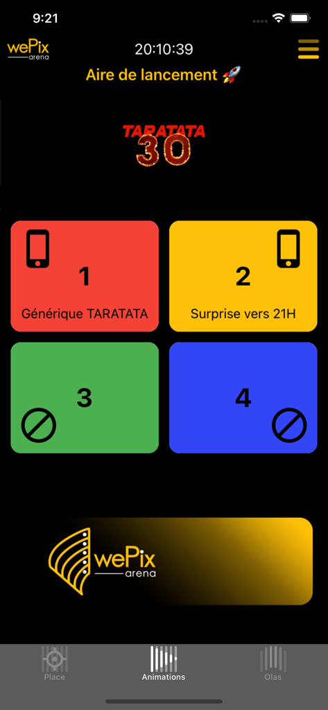 wePix arena - Interface of the wePix arena app showing numbered color tiles for triggering synchronized lighting animations during a live event