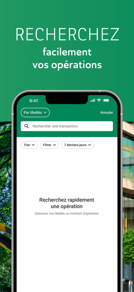 Search interface for corporate banking transactions in the BNP Paribas Ma Banque Entreprise mobile app.