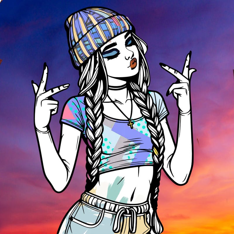 realistic teenage girl with braids and a beanie and crop top doing 🫶🏼