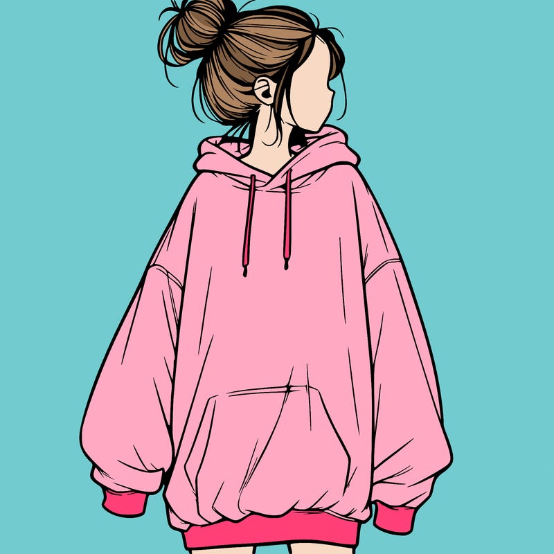 realistic girl with a oversized sweatshirt on and a bun