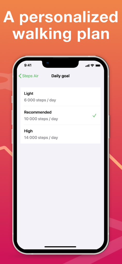 Steps Air: Step & Walk Tracker - A smartphone displaying the Steps Air app daily goal selection screen with personalized walking plans