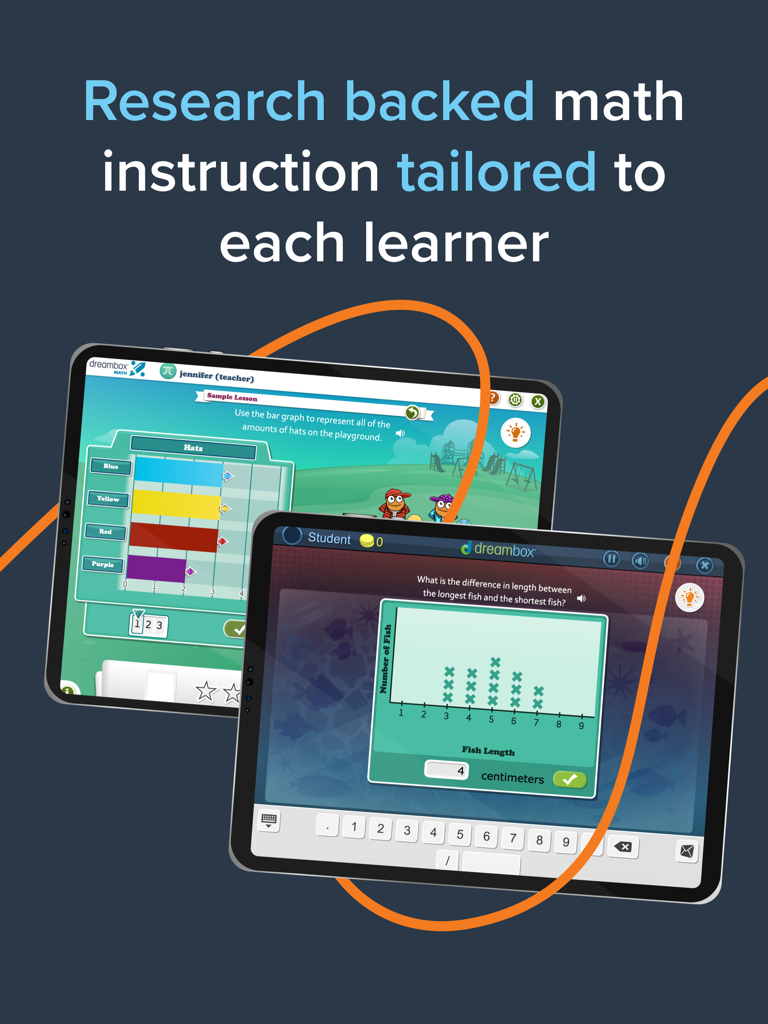 DreamBox Math - Dos tablets mostrando gráficos de barras interactivos y lecciones de análisis de datos de la aplicación educativa DreamBox Math.