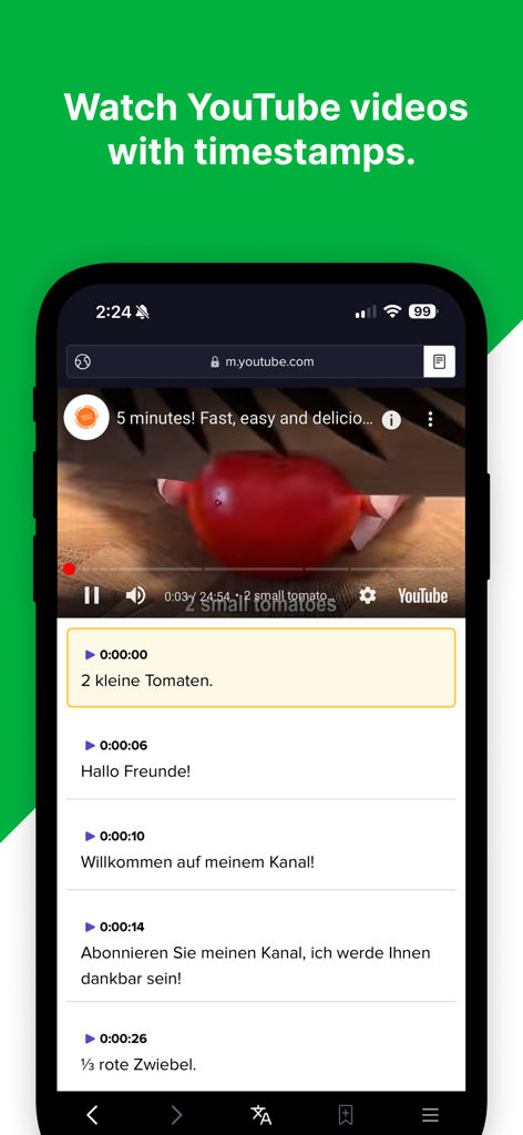 Mango Reader mobile app interface displaying a YouTube video with synchronized German transcripts and timestamps for language learning