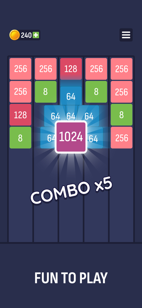 Jugabilidad de X2 Puzzle Number Merge 2048 que muestra una ficha grande de 1024 y un mensaje de combo de cinco veces.