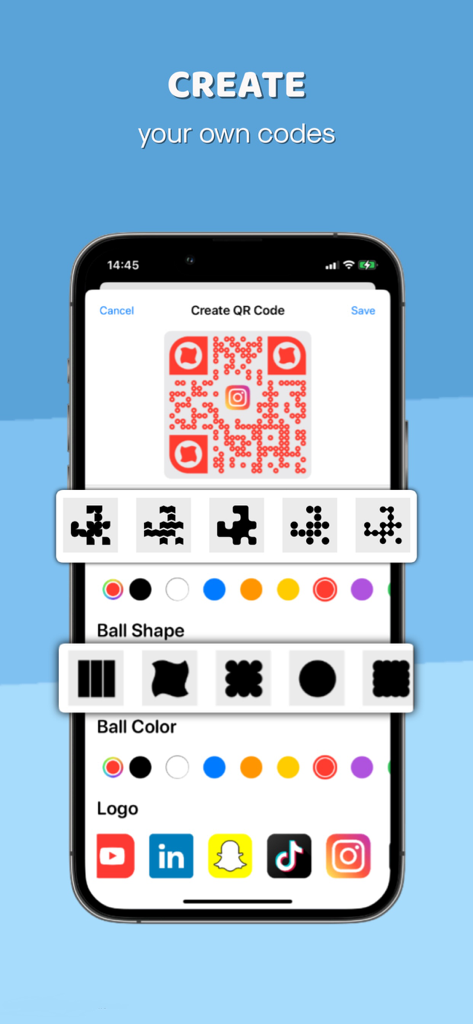 QR Reader* - An iPhone screen showing the QR Reader app interface for generating and customizing QR codes with different colors and social media logos.