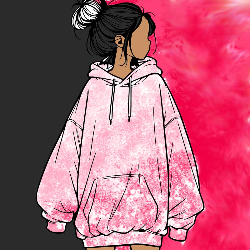 realistic girl with a oversized sweatshirt on and a bun