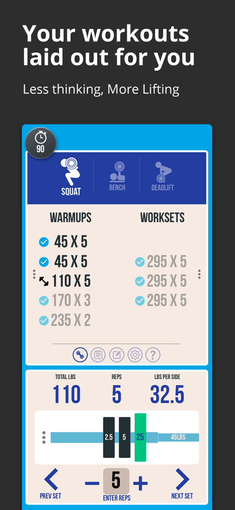 Starting Strength Official - Interface of the Starting Strength app showing a squat workout log with warmup and workset calculations