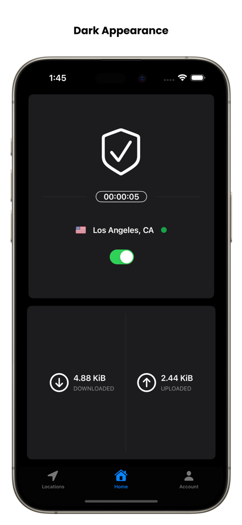 Serverless VPN - UpVPN - UpVPN app home screen in dark mode showing an active serverless VPN connection in Los Angeles with data usage statistics