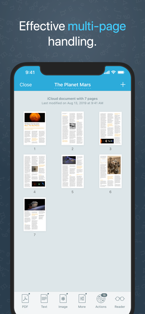 Prizmo Scan › Document Scanner - Prizmo Scan app interface showing thumbnails of a multi-page document titled The Planet Mars.