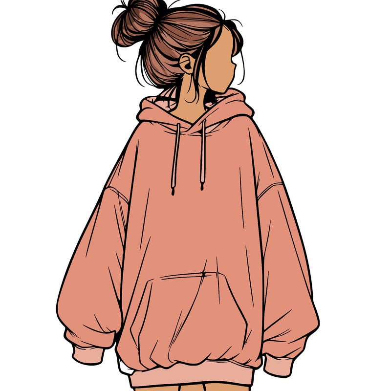 realistic girl with a oversized sweatshirt on and a bun