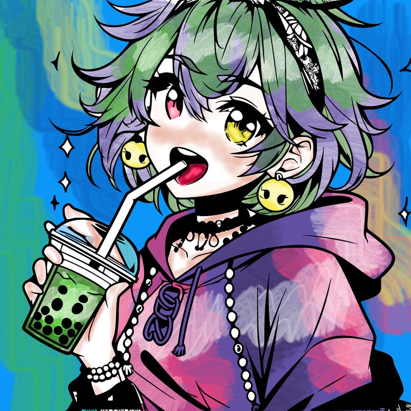 hot baddie anime girl drinking boba and biting the straw
