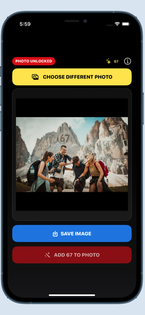 67 App - Écran d'application mobile pour ajouter le meme 67 à une photo d'amis en randonnée