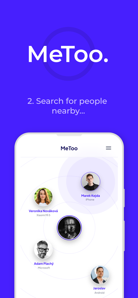 MeToo Connect - Interface of MeToo Connect app searching for people nearby for networking
