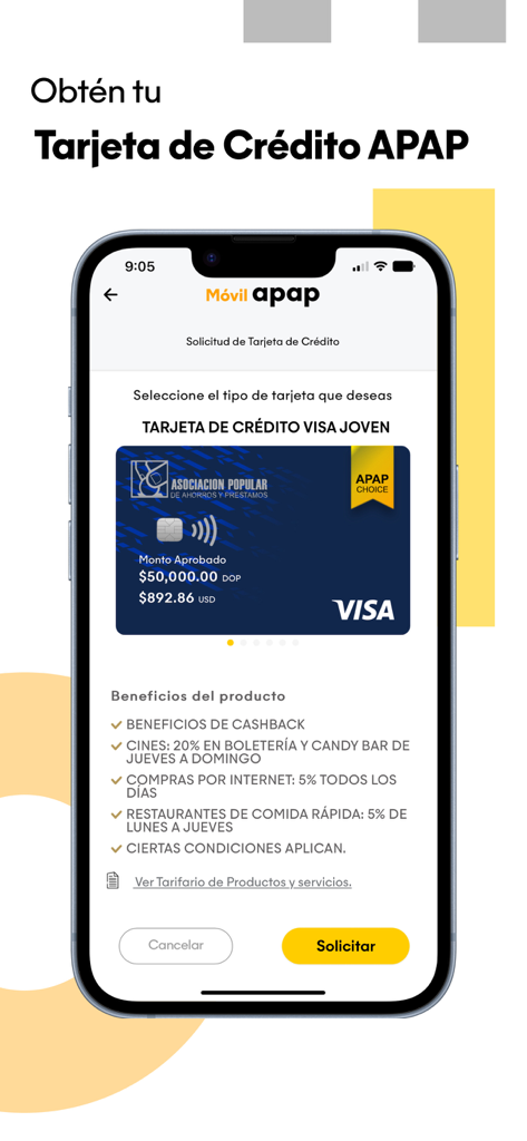 Screenshot der Movil APAP App, der den Beantragungsprozess für eine Visa Joven Kreditkarte mit den aufgeführten Vorteilen zeigt.