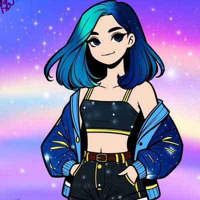 a realistic girl with a crop top and short shorts in an open jacket