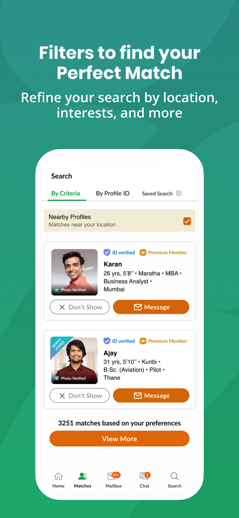 Schermata di ricerca dell'app Marathi Matrimony che mostra i profili dei membri verificati e i filtri di posizione