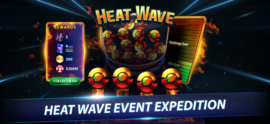 Pantalla de Expedición del Evento Ola de Calor de Rest Poker mostrando recompensas como fichas de póker y tarjetas de álbum.