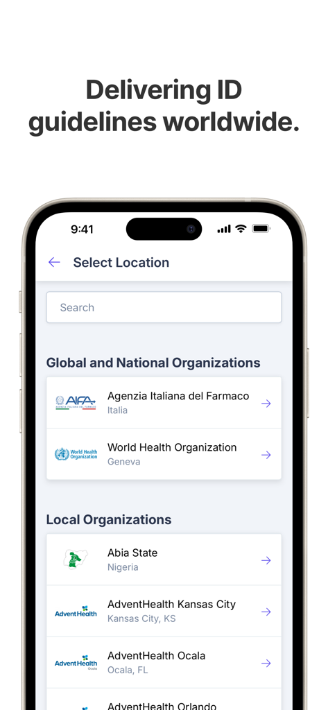Firstline app screen showing a list of global and local healthcare organizations for accessing clinical guidelines.