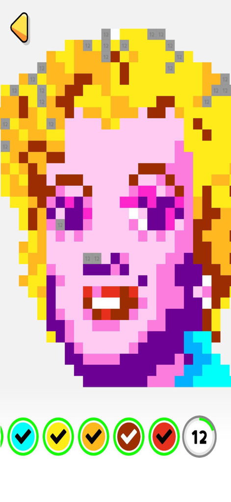Color by Number - Painting - A pixel art portrait of a woman being colored by number in a senior-friendly mobile app